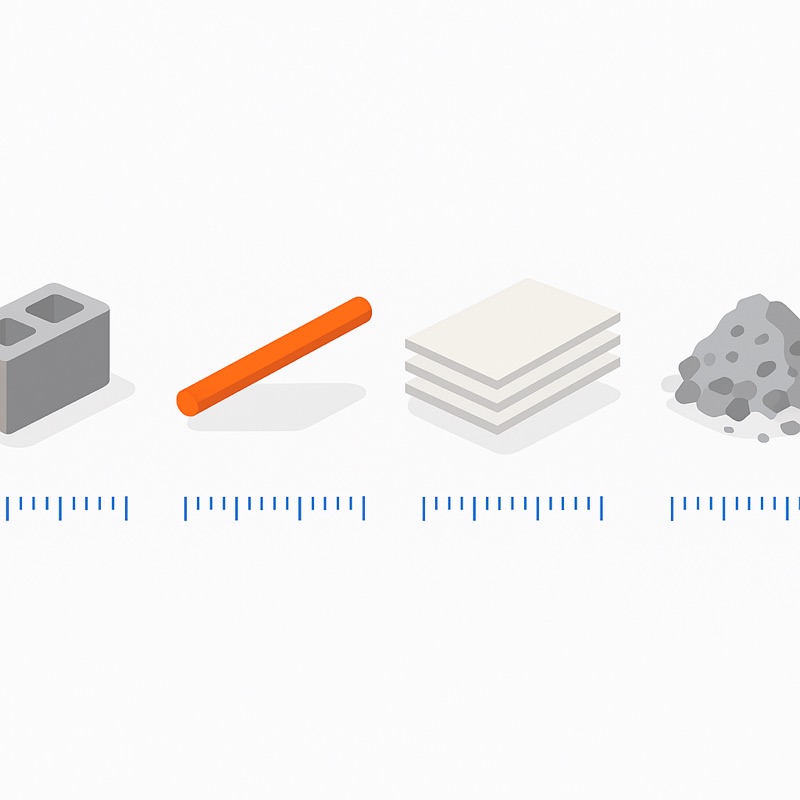 Flat illustration showing a concrete block, orange rebar, drywall stack, and gravel pile arranged with measurement rulers