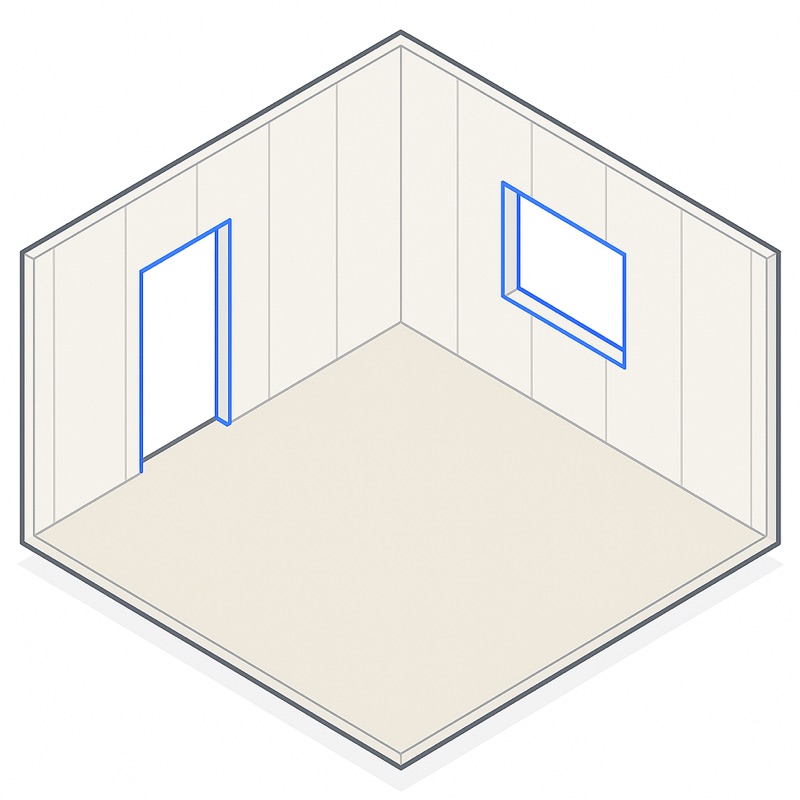 Isometric illustration of an empty room with drywall installed on walls and ceiling, with door and window openings