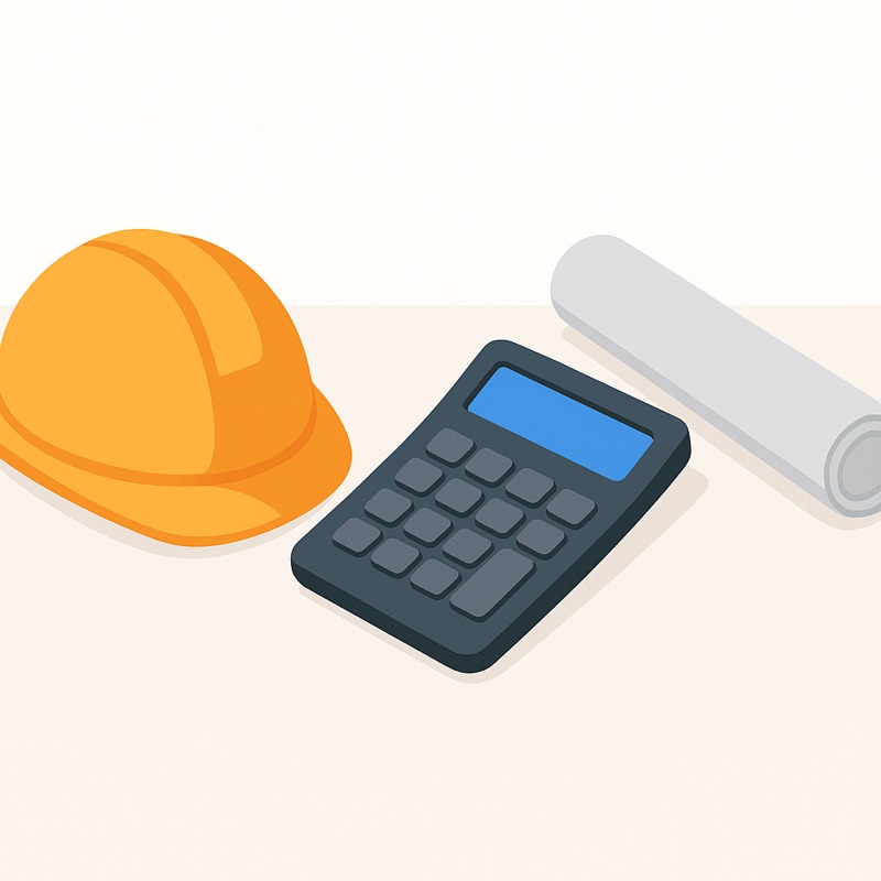 Flat illustration of a contractor's orange hard hat, a dark calculator with a blue screen, and a rolled blueprint on a workbench