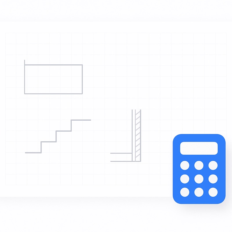 Flat illustration of a structural engineering blueprint with a slab, stair side-view, and a calculator overlay