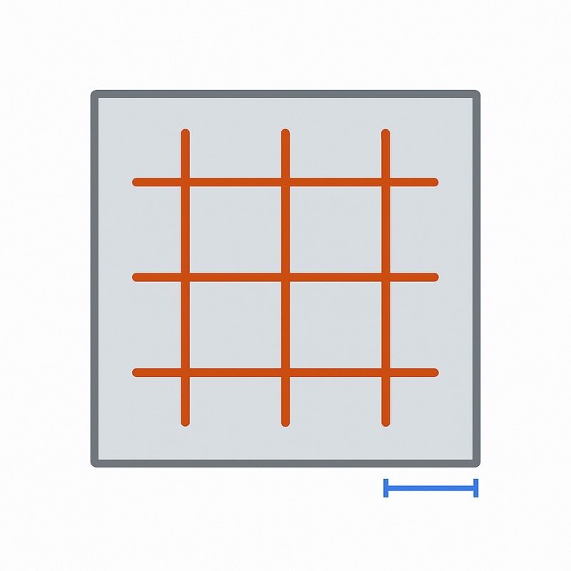 Top-down illustration of a concrete slab with a perpendicular orange rebar grid showing 12-inch spacing